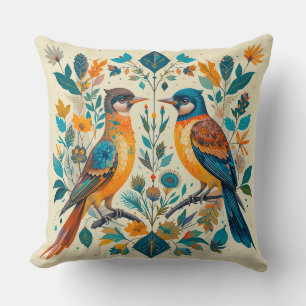Birds Nature Scene with Geometric Elements Cushion