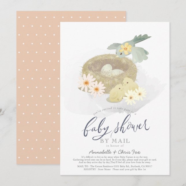 Bird's Nest Floral Girl Baby Shower by Mail Invitation (Front/Back)