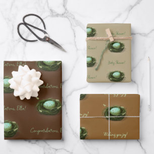 Bird's Nest With Blue Speckled Egg 3 Custom Texts Wrapping Paper Sheet