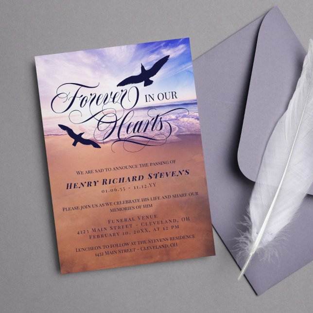 Birds Ocean Beach Forever In Our Hearts Funeral Invitation (Creator Uploaded)