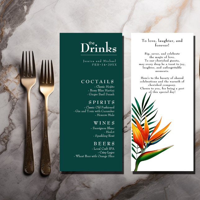 Birds of Paradise Bliss The Drinks Menu (Birds of Paradise Bliss  double sided Drinks menu. Custom message at the back)