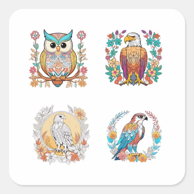Birds of Prey Cartoon Floral Pattern Art 4 Pack St Square Sticker (Front)