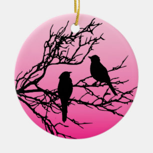 Birds on a Branch, Black Against Dawn Pink Ceramic Tree Decoration