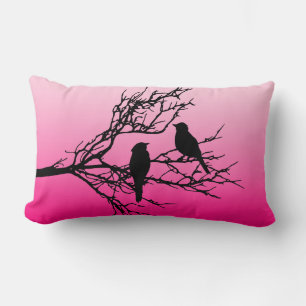 Birds on a Branch, Black Against Dawn Pink Lumbar  Cushion