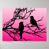 Birds on a Branch, Black Against Dawn Pink