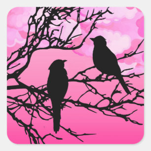 Birds on a Branch, Black Against Dawn Pink Square Sticker