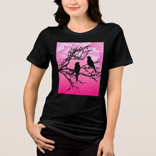 Birds on a Branch, Black Against Dawn Pink Tri-Blend Shirt (Front)