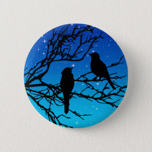 Birds on a Branch, Black Against Evening Blue 6 Cm Round Badge