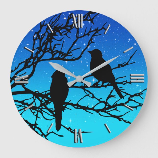 Birds on a Branch, Black Against Evening Blue Large Clock (Front)