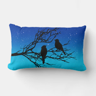 Birds on a Branch, Black Against Evening Blue Lumb Lumbar Cushion