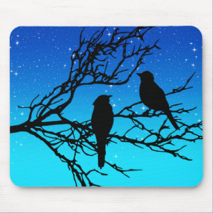 Birds on a Branch, Black Against Evening Blue Mouse Pad