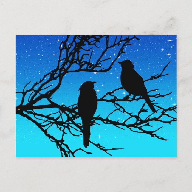 Birds on a Branch, Black Against Evening Blue Postcard (Front)