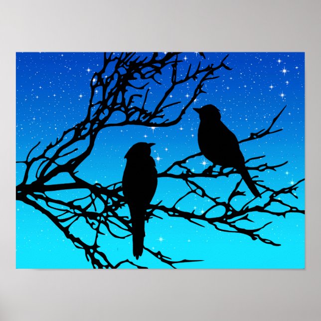 Birds on a Branch, Black Against Evening Blue Poster (Front)