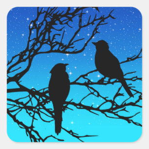 Birds on a Branch, Black Against Evening Blue Square Sticker