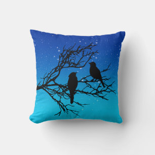 Birds on a Branch, Black Against Evening Blue Thro Cushion