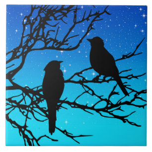 Birds on a Branch, Black Against Evening Blue Tile