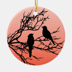 Birds on a Branch, Black Against Sunset Orange Ceramic Tree Decoration