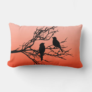 Birds on a Branch, Black Against Sunset Orange Lum Lumbar Cushion