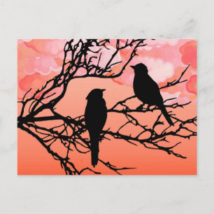 Birds on a Branch, Black Against Sunset Orange Postcard