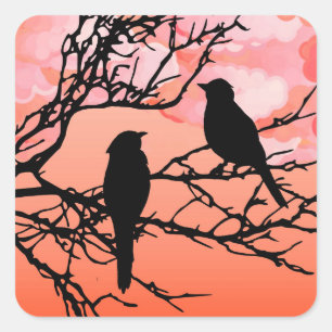 Birds on a Branch, Black Against Sunset Orange Square Sticker
