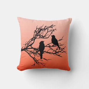 Birds on a Branch, Black Against Sunset Orange Thr Cushion