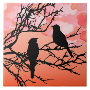 Birds on a Branch, Black Against Sunset Orange Tile