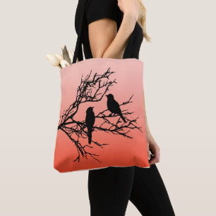 Birds on a Branch, Black Against Sunset Orange Tot Tote Bag