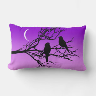 Birds on a Branch, Black Against Twilight Purple L Lumbar Cushion