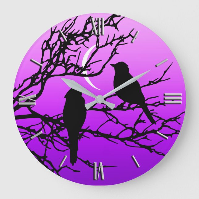Birds on a Branch, Black Against Twilight Purple Large Clock (Front)