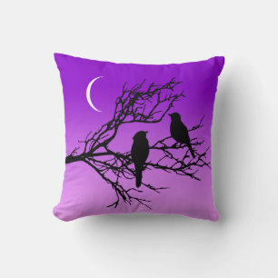 Birds on a Branch, Black Against Twilight Purple T Cushion