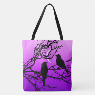 Birds on a Branch, Black Against Twilight Purple Tote Bag
