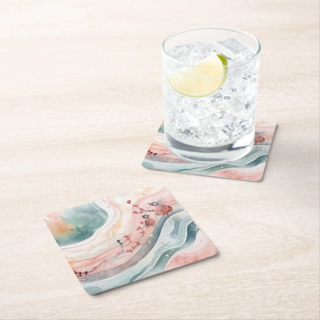 Birds on a Heart Branch  Square Paper Coaster (Insitu)