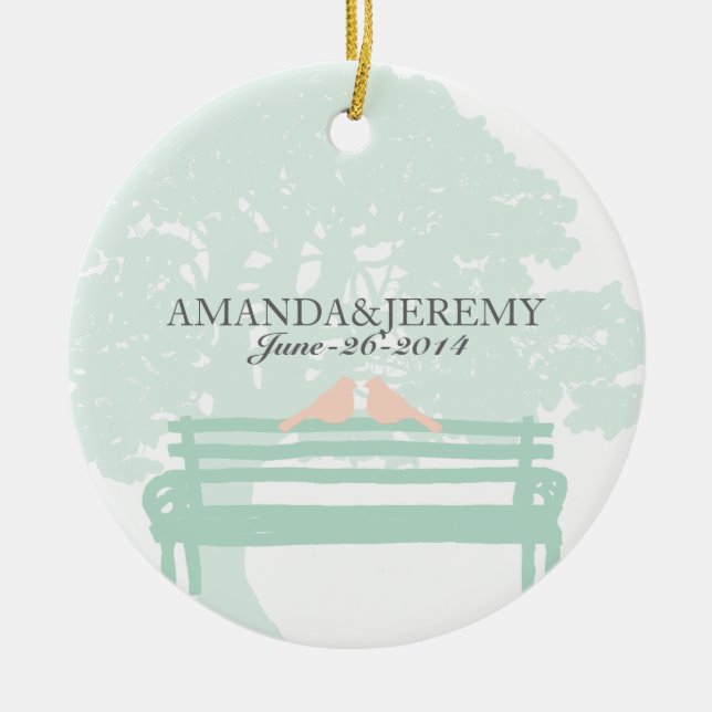 Birds on a Park Bench Wedding Anniversary Ceramic Tree Decoration (Front)