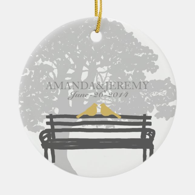 Birds on a Park Bench Wedding Anniversary Ceramic Tree Decoration (Front)