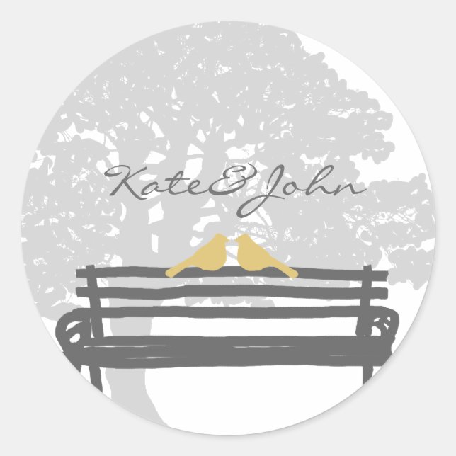 Birds on a Park Bench Wedding Classic Round Sticker (Front)