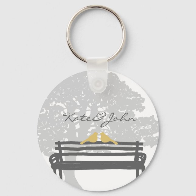 Birds on a Park Bench Wedding Key Ring (Front)
