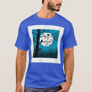 Birds On A Tree Blue Night Scene Moon Print Decor T-Shirt