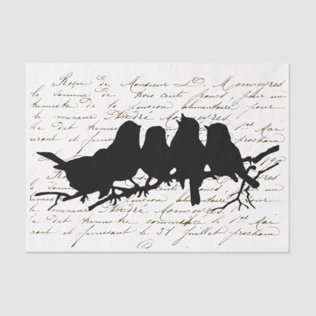  Birds on Branch Black Silhouette Decoupage French Tissue Paper (Front)