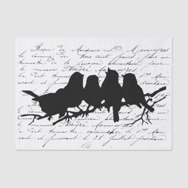  Birds on Branch Black Silhouette Decoupage French Tissue Paper (Front)
