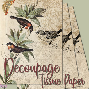 Birds on branch green foliage butterfly decoupage tissue paper