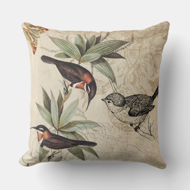 Birds on branch green foliage butterfly drawing cushion (Front)