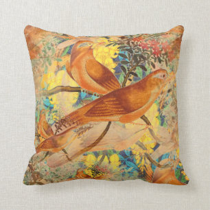 Birds on Branch Teal, Orange, Yellow Throw Pillow
