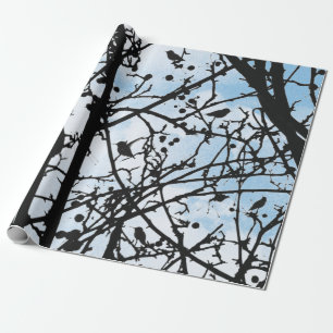 Birds on Branches and Blue Sky Silhouette Modern Wrapping Paper