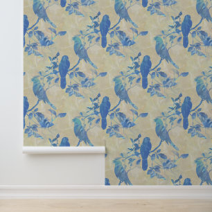 Birds on Branches and Leaves Ivory Blue Wallpaper