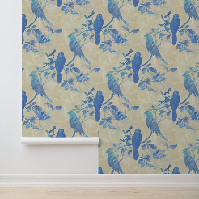 Birds on Branches and Leaves Ivory Blue Wallpaper (Application)