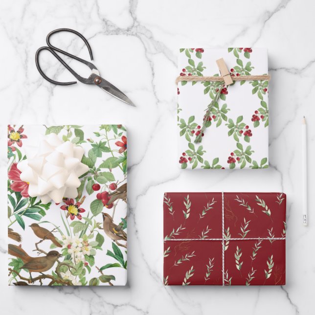 Birds on Branches, Berries and Leaves Assorted Wrapping Paper Sheet (Front)