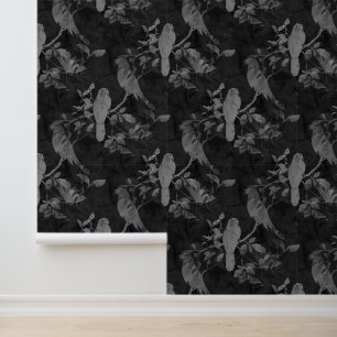 Birds on Branches Leaves Black Grey Wallpaper