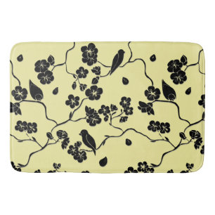 Birds on Cherry Blossoms Black on Lemon Yellow Bath Mat