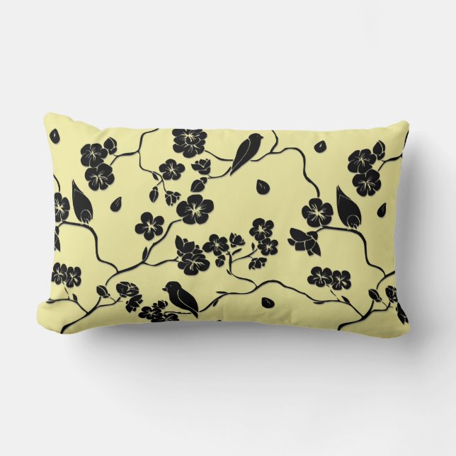 Birds on Cherry Blossoms Black on Lemon Yellow Lumbar Cushion (Front)