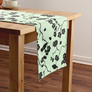 Birds on Cherry Blossoms Black on Mint Green Medium Table Runner